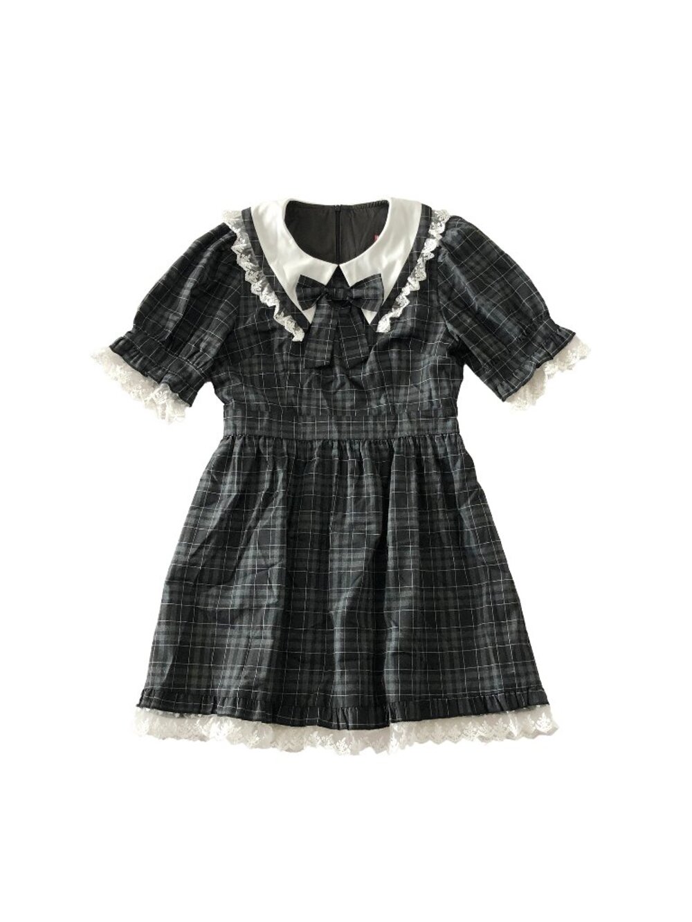 SWY Dress Womens Size L Gray Plaid Lolita White Collar Lace Trim Bow Costume